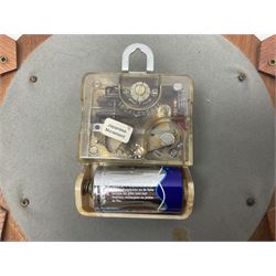 Mid-century teak sunburst wall clock by Anstey & Wilson, modelled with angular teak rays spreading from circular mount with plain brass face with Roman numerals, with battery operated Japanese movement, D45cm