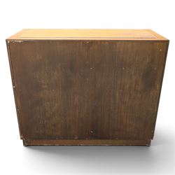 Teak mid 20th century fall front cabinet, hinged top with geometric inlay front, above twin cabinet doors