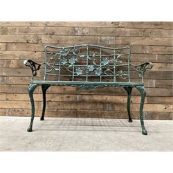 Cast aluminium garden dining set, comprising ornate circular table (D91cm, H68cm) a two seater bench, on cabriole supports (W118cm, H93cm, D55cm), and two matching armchairs (W55cm, H95cm, D54cm)