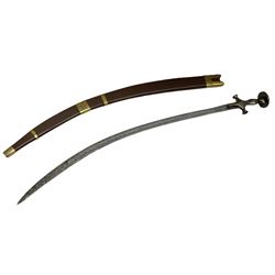 19th Century Indian Fighting Tulwar, with 76cm curving single edged fullered blade with traces of markings, steel hilt with langets, grip and disk pommel with top dome securing pommel, in brass mounted wooden scabbard L93cm overall
