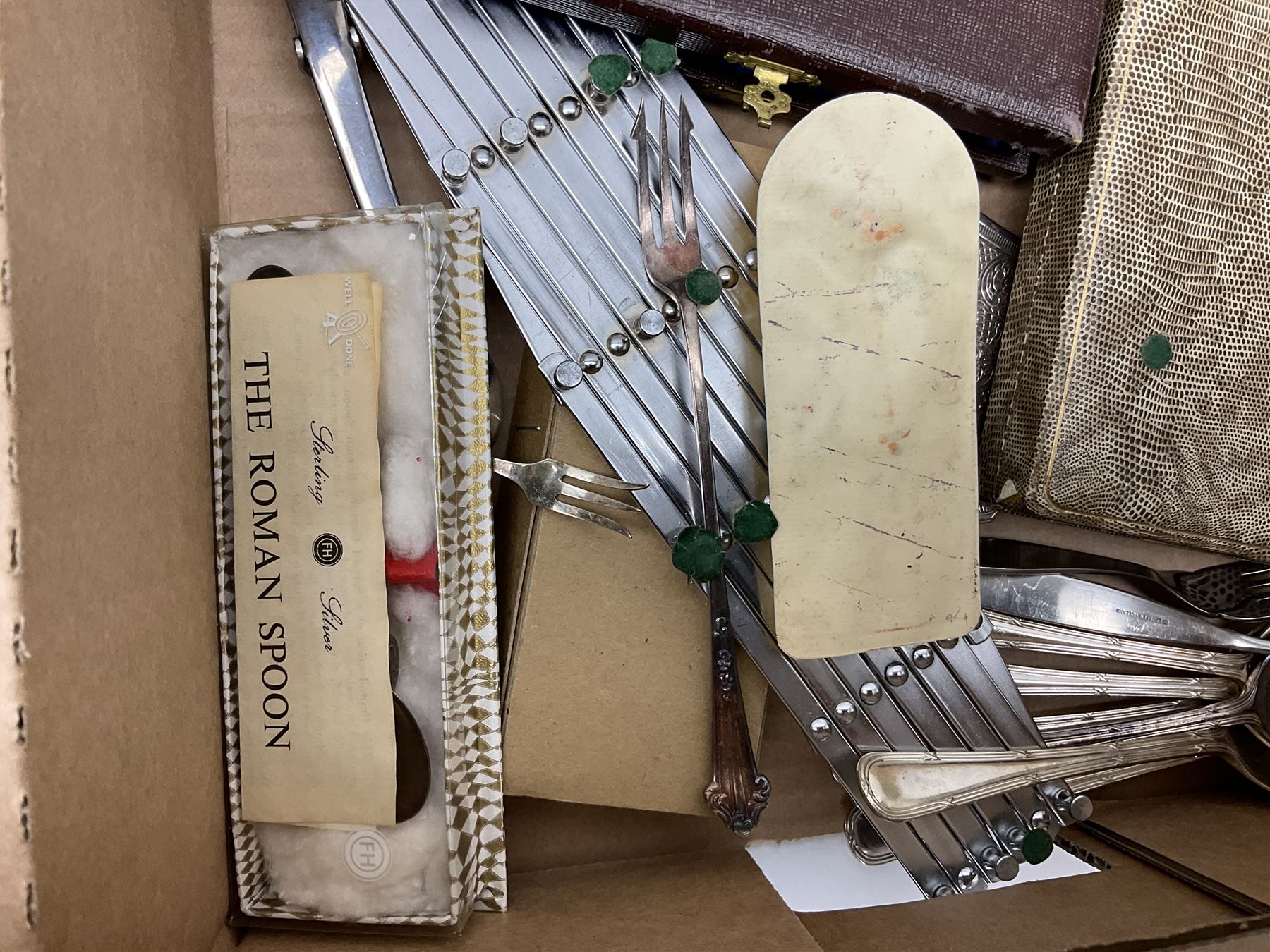 Set of four hallmarked silver teaspoons modelled on spoons from the Roman Imperial period, silver fork, and quantity of silver plated and other cutlery to include Walker & Hall, in two boxes