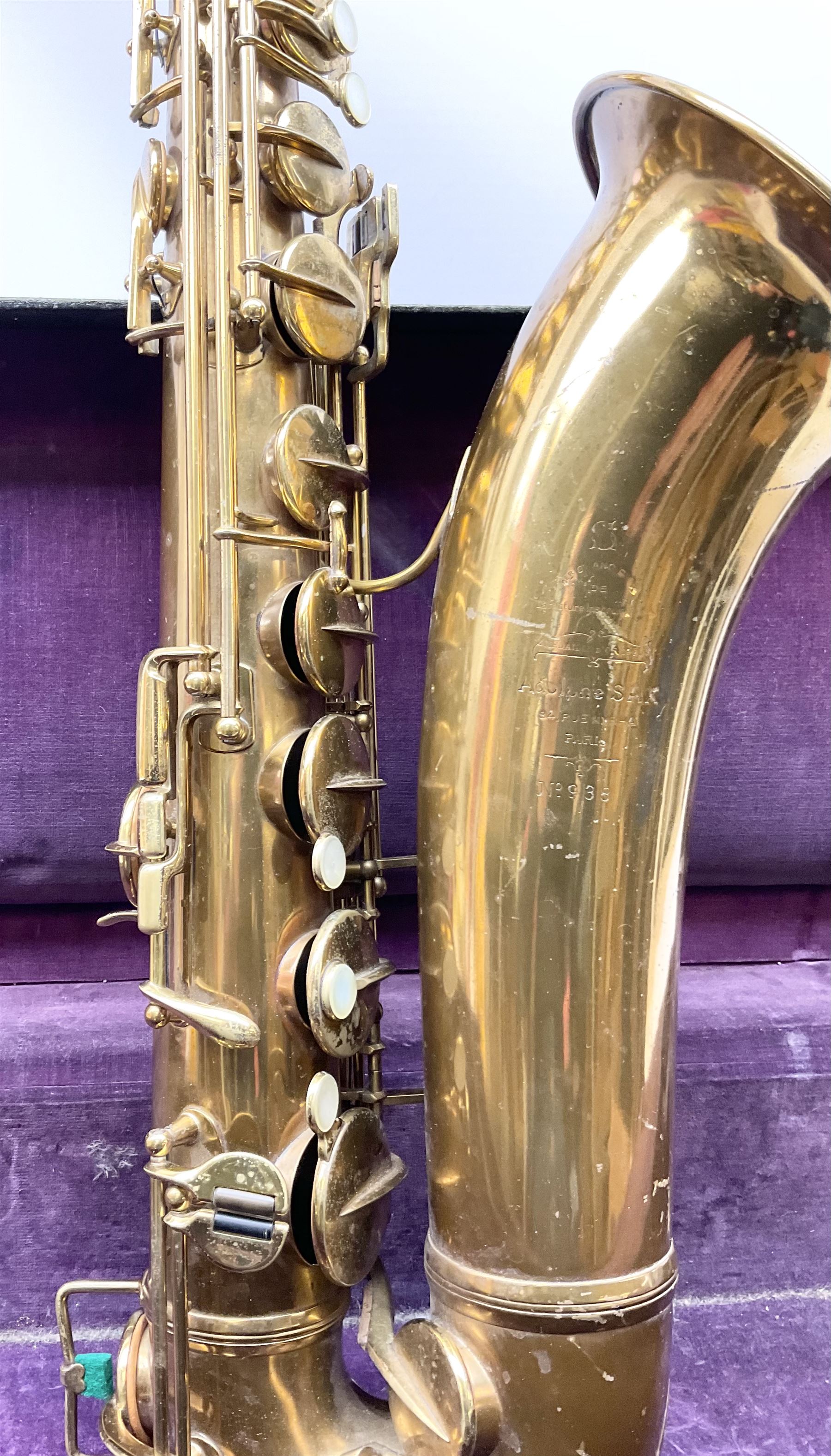 Brass tenor saxophone by Adolphe SAX, 84 Rue Myrha, Paris,  No.938 serial number 12097, H75cm excluding crook; in hard carrying case bearing plaque for Henri Selmer
