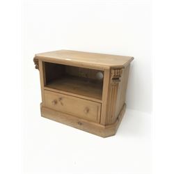 Solid pine corner tv stand, single drawer, plinth base