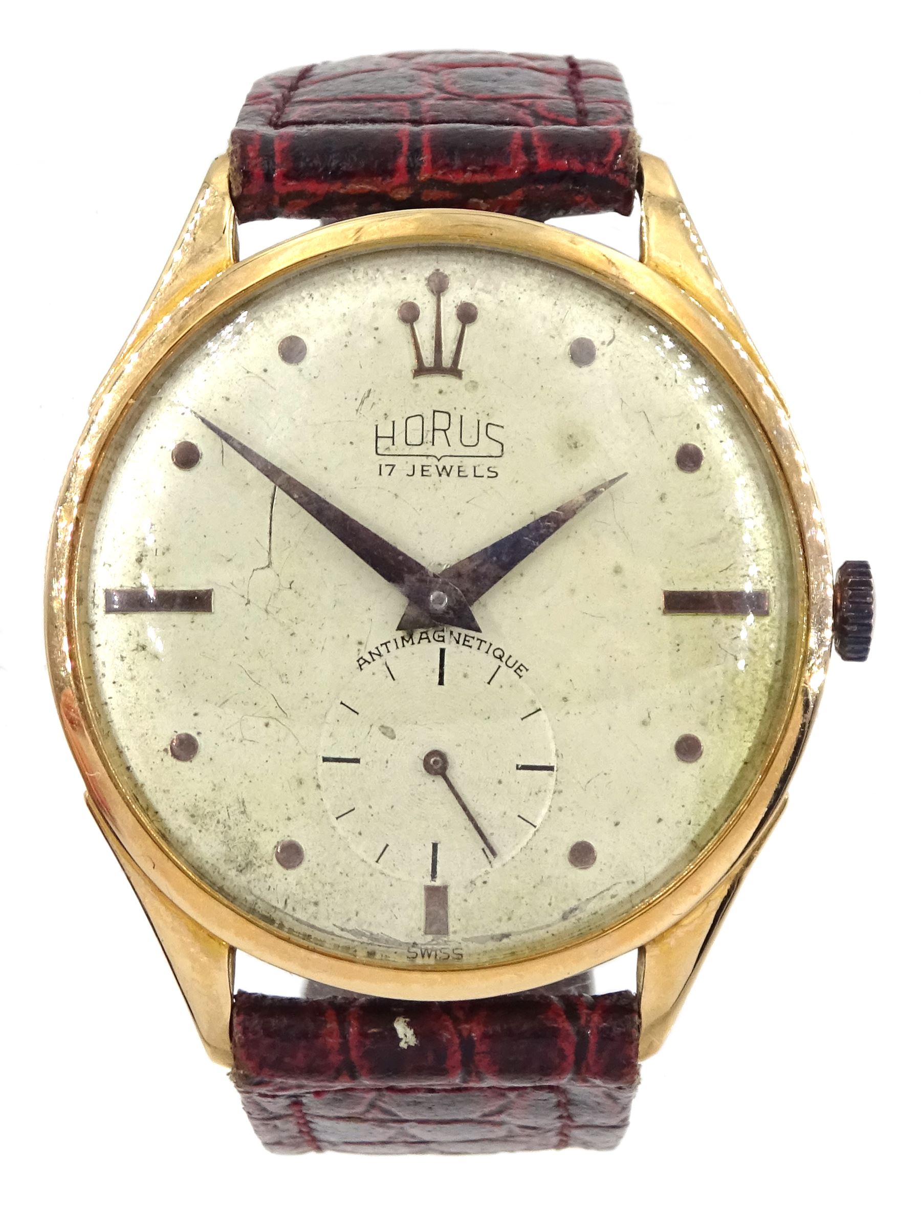 Horus 18ct gold gentleman's manual wind wristwatch, Helvetia Head hallmark, on leather strap