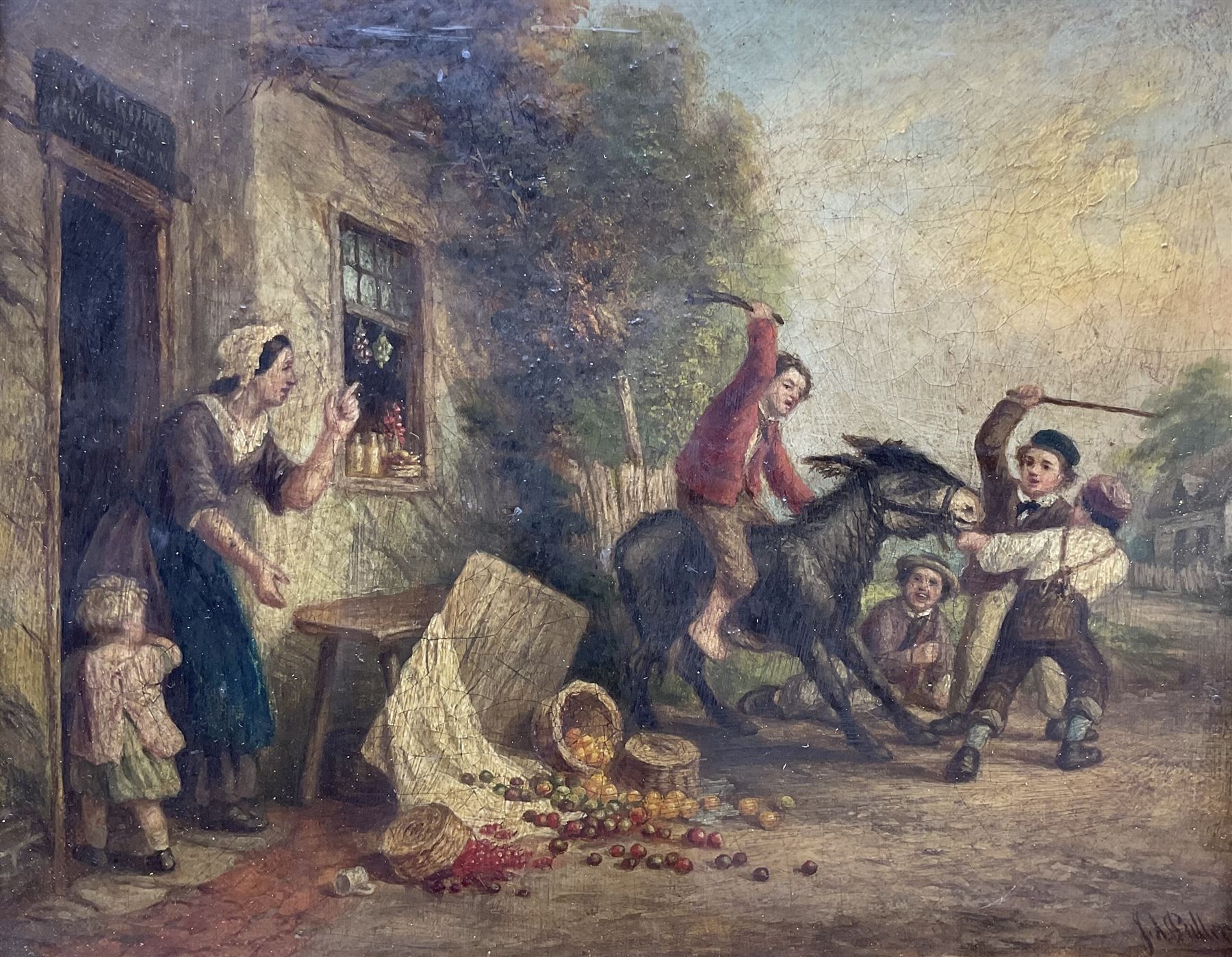 John Anthony Puller (British 1799-1886): The Stubborn Donkey outside 'S Brown's Greengrocer', oil on canvas signed 19cm x 24cm 