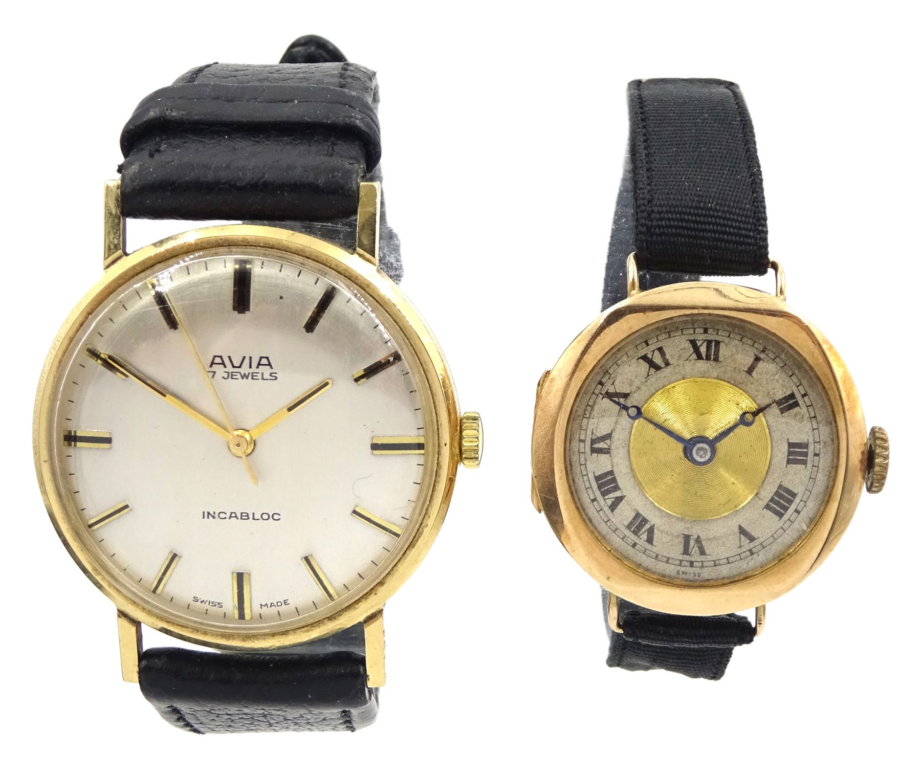 Avia 9ct gold gentleman's manual wind presentation wristwatch, hallmarked, on black leather strap and a ladies 9ct gold manual wind wristwatch, on ribbon strap