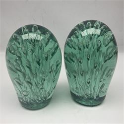 Pair of Victorian green glass dump paperweights with air bubble inclusions, together with Caithness paperweight and three other paperweights, dump H15cm