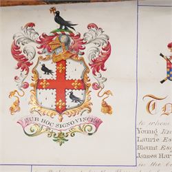 Victorian vellum Grant of Arms to James Hartley M.P. of Bishop Wearmouth, Union of Sunderland, County Palatine of Durham 1865, with three wax seals in gilt brass cases and original case 