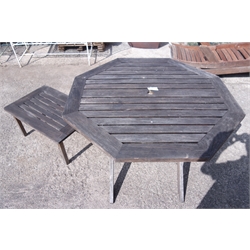  Hardwood octagonal garden table, (W117cm, H73cm) and a small table (W76cm, H37cm, D49cm)  