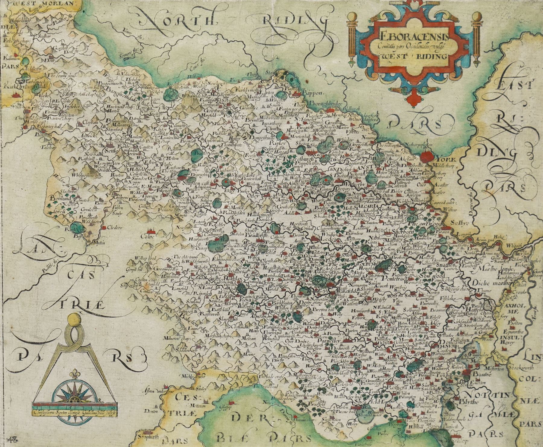 
Gulielmus Hole (British ?-1624) and Christopher Saxton (British 1540-1610): 'Eboracensis Comitatus pars Occidentalis vulgo West Riding', 17th century engraved map of the West Riding Yorkshire with hand-colouring pub. 'Camden's Britannia' c.1607, 27cm x 32cm