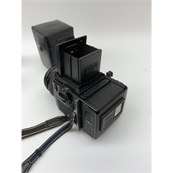 'Zenza Bronica SQ-B' camera fitted with 'Zenza Bronica Zenzanon-PS 1:28 f=80mm' lens, 'Zenza Bronica Zenzanon-PS 1:4 f=150mm' lens and 'Zenza Bronica Zenzanon-S 1:35 f=50mm' lens, with an instruction booklet