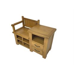 Late 20th century light oak telephone table, seat over four pigeon holes, fitted with shelf over two drawer
