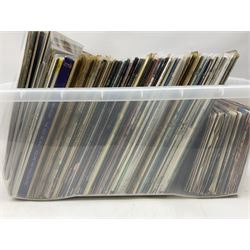 Large quantity of vinyl LPs, predominantly rock and pop, to include Elvis, Elton John, The Kinks, Deep Purple, Eurythmics, Whitney Houston, Phil Collins, Rolling Stones etc, in three boxes, together with quantity of 45 rpm records, Steepletone SRP1R-11 record player and record carry case