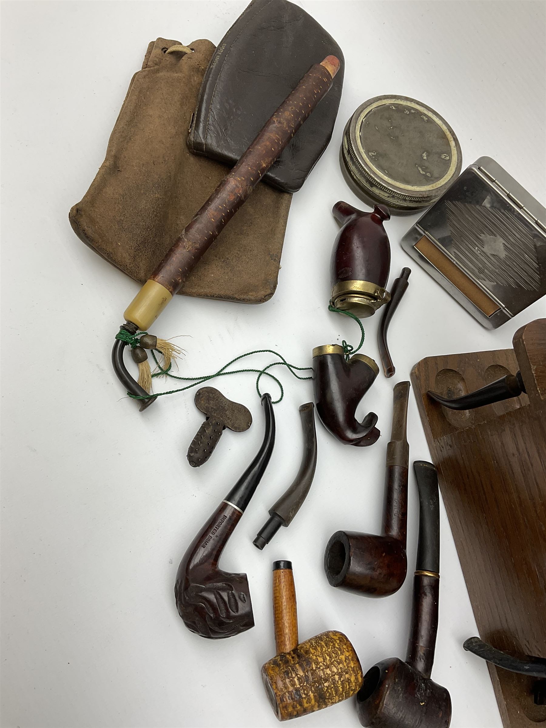 Vintage pipes and smoking related items including 'Falcon' and 'Dr Grabow' pipes, small wooden pipe rack/box and other related items