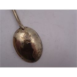 Set of six 1920s silver coffee bean spoons, together with a collection of silver souvenir and similar spoons, including two filigree examples, all tested or hallmarked