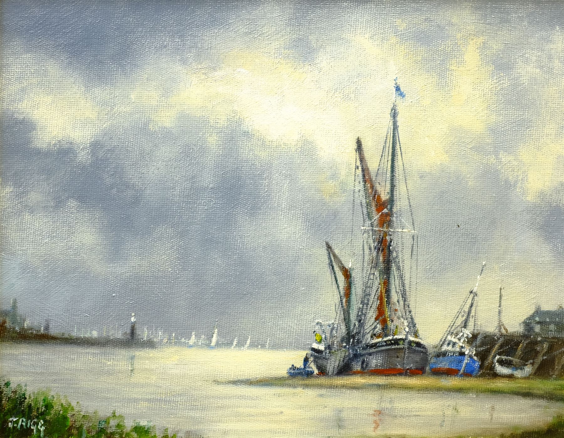 Jack Rigg (British 1927-): 'Storm Ahead' - Boats Moored in an Estuary, oil on board signed 20cm x 25cm