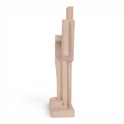 Abrstact stone sculpture, of geometric shapes with a central circular gap, raised upon a stepped rectangular base, H36cm