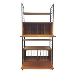Staples Ladderax - mid-20th century teak and metal framed modular wall unit, fitted with central fall-front cupboard enclosing correspondence dividers, over secondary separate teak fall-front cupboard, adjustable shelf to top