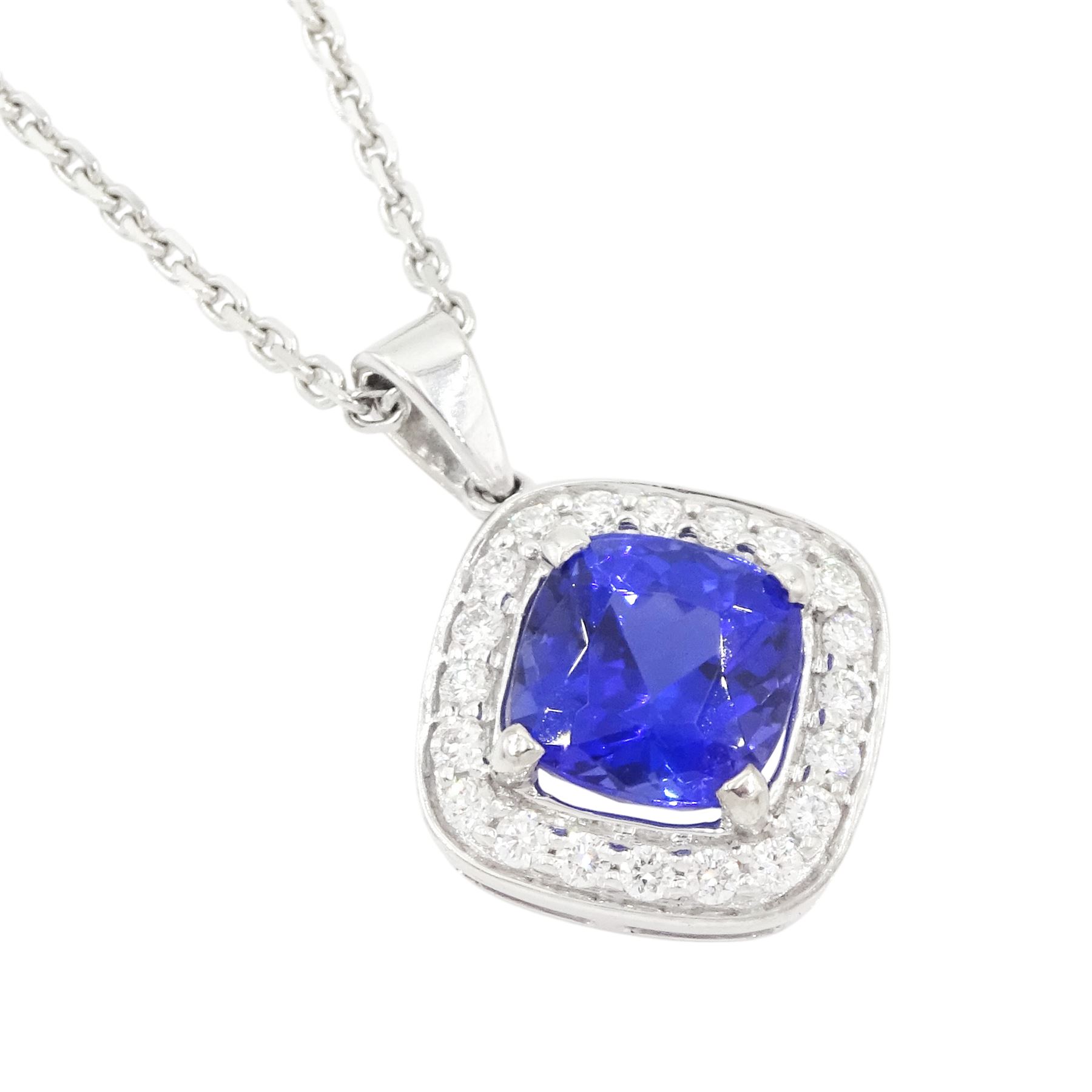 18ct white gold cushion cut tanzanite and round brilliant cut diamond cluster pendant necklace, tanzanite approx 2.80 carat, total diamond weight approx 0.20 carat