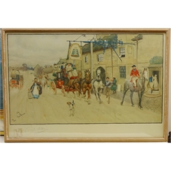  After Cecil Charles Windsor Aldin (British 1870-1935): 'The Bell at Stilton', coloured lithograph proof signed in pencil with remarque and blind stamp for Lawrence and Butler No.21, 41cm x 62cm Notes: the Bell Inn is just south of Peterborough on the Old Great North Road  
