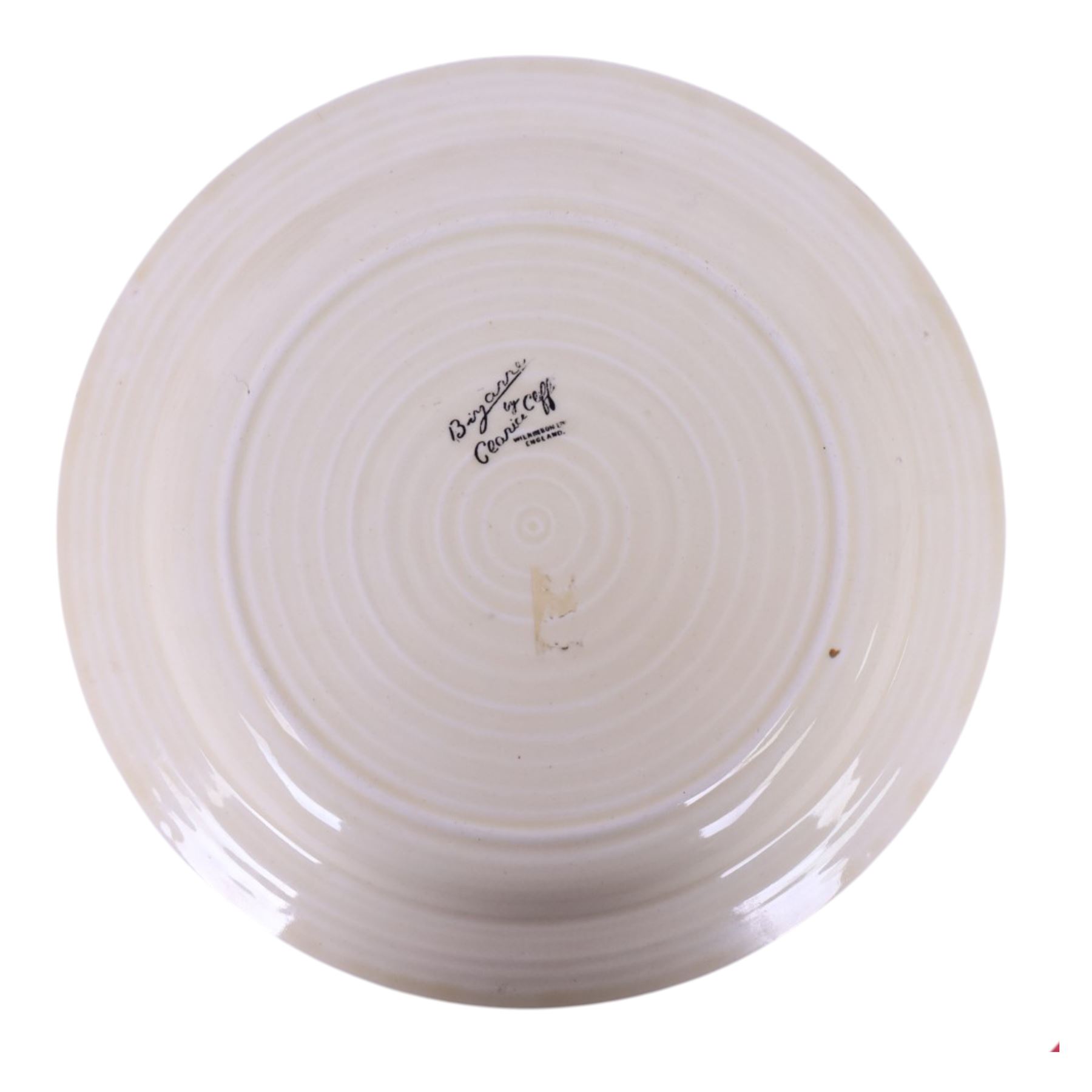 Clarice Cliff Viscaria patter coffee cup and saucer, hand painted with a stylised trees, together with Rhodanthe plate, with Bizarre and printed marks to base, plate D21cm