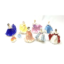  A group of Royal Doulton figurines, comprising Sara HN2265, Southern Belle HN2425, Summer Serenade HN3610, Ruth HN4099, Elaine HN2791, Figure of the year 2000 Rachel HN3976, and Ninette HN2379 (a/f), plus two smaller Royal Doulton figurines, Victoria HN3909, and Christine HN3269 (a/f).  