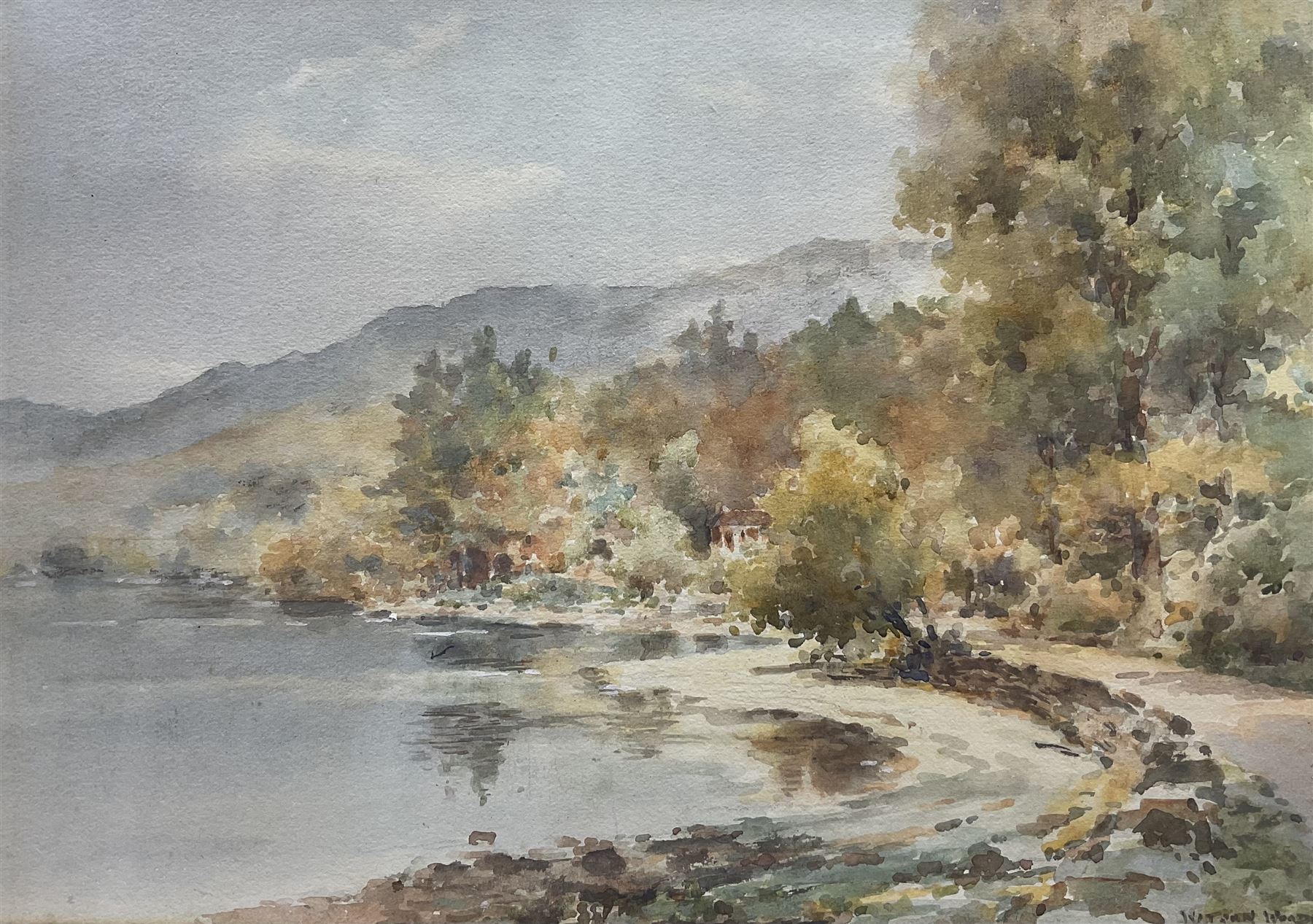 Frank Watson Wood Jnr. (Scottish 1900-1985): Lakeside Scene in the Highlands, watercolour signed 26cm x 36cm 