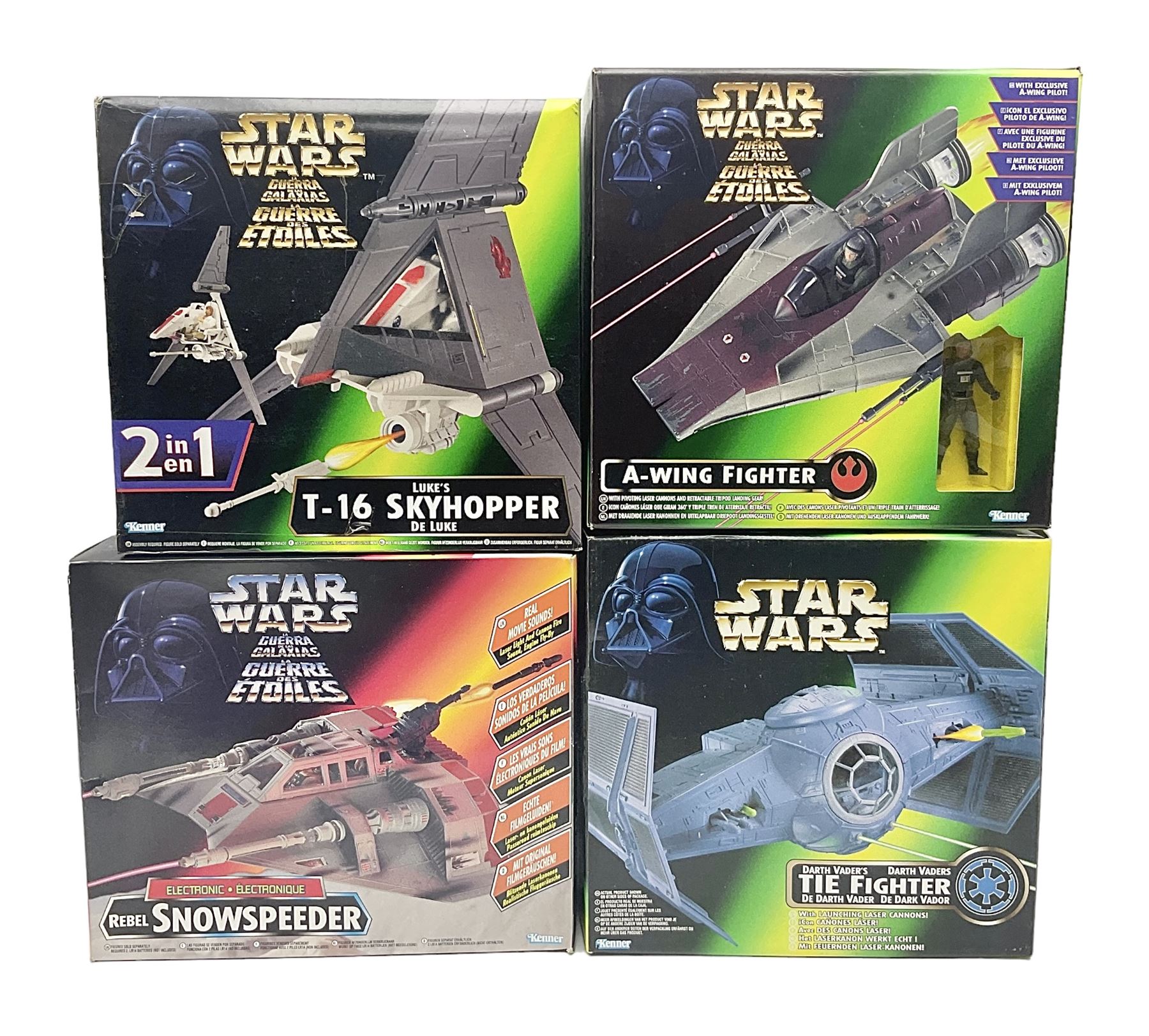 Star Wars - La Guerra De Las Galaxias La Guerre Des Etoiles - A-Wing Fighter; Luke's T-16 Skyhopper; Darth Vader's TIE Fighter; and Rebel Snowspeeder; all boxed (4)