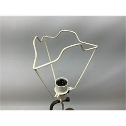 Composite table lamp modelled as a Roman Emperor donning blue robes, upon quatrefoil base modelled with rams heads and winged cherubs, H56cm excl fitting