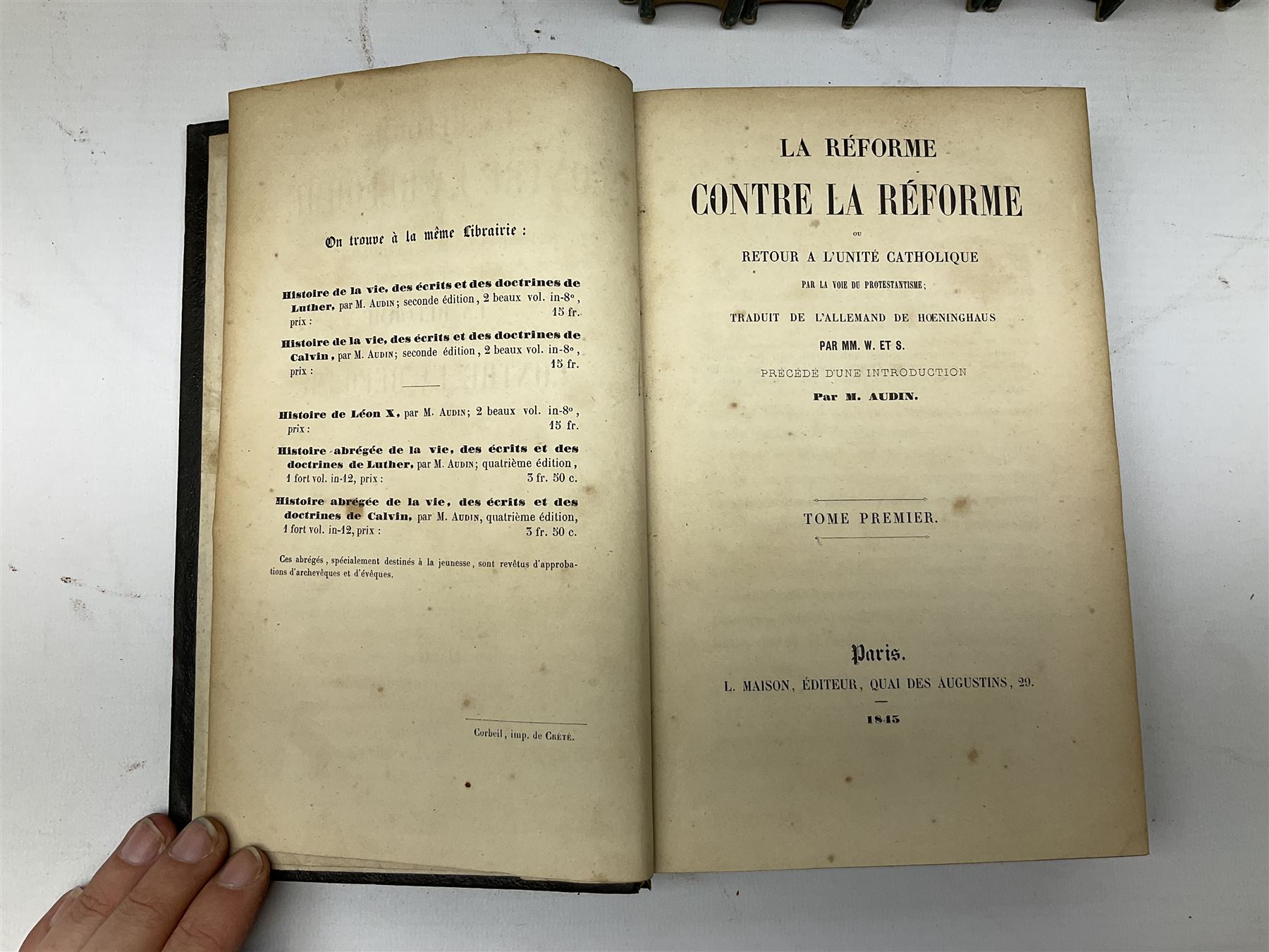 Histoire De Saint Bernard Et De Son Siecle par Le R.P. Marie-Theodore Ratisbonne. 1864 Paris. Two volumes; Nouveau Commentaire Litteral, Critique Et Theologique. 1854 Paris. Nine volumes; and Oeuvres De M. Audin. 1845/7 Paris. Eight volumes. All with leather bindings (19)