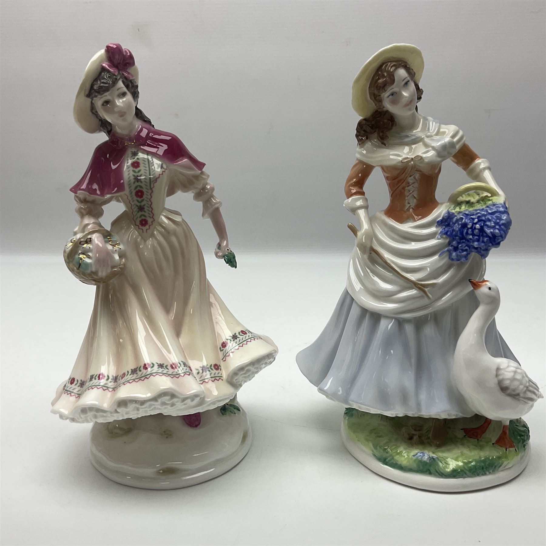 Five Royal Worcester figures, comprising Market Day, Noelle, Bakers Wife, Goose Girl and Fruit Picking, all with printed marks beneath and some with certificates of authentication  