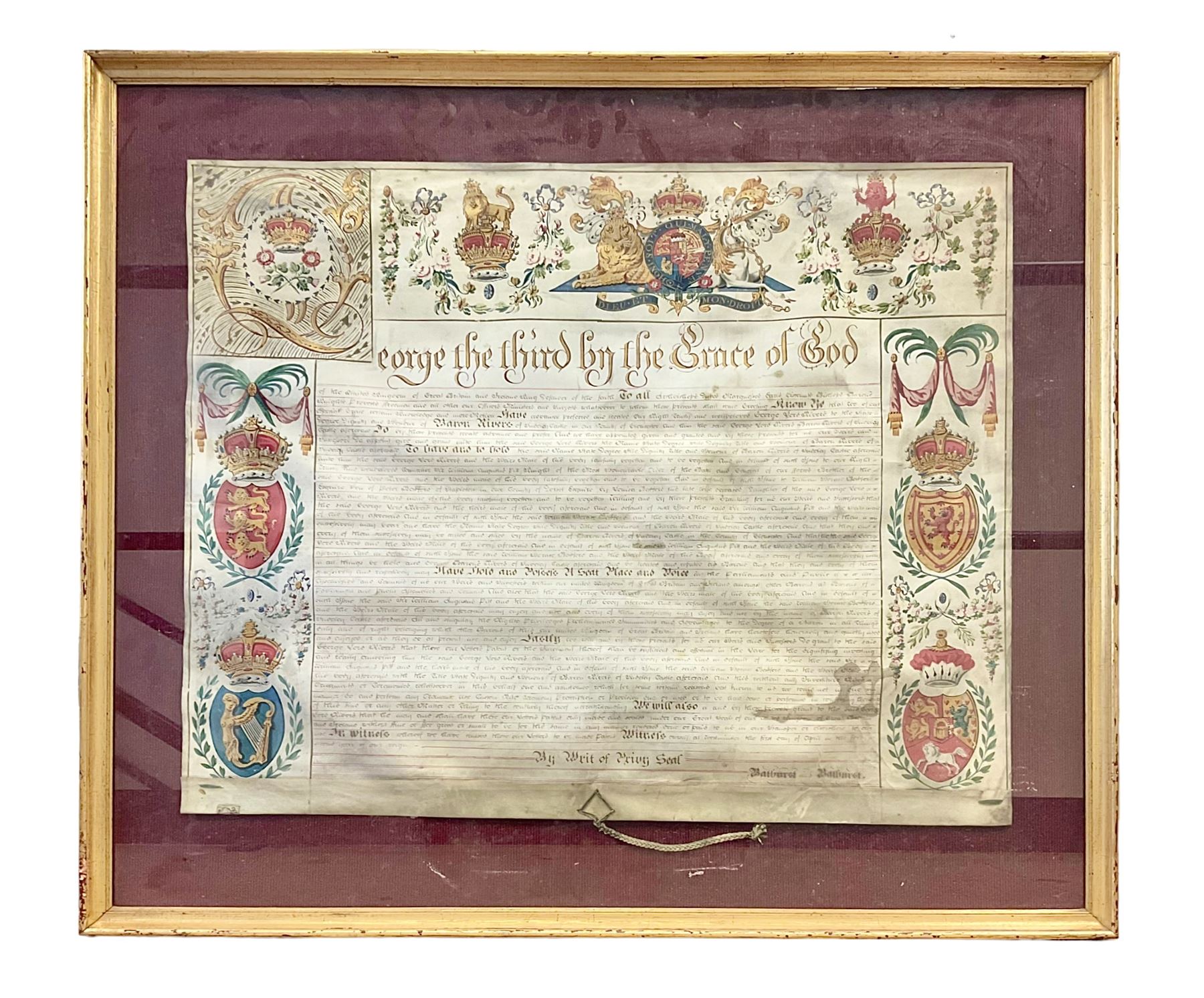 Large 18th century framed and glazed Indenture for King George III to George Rivers, Lord Rivers of Straths Saye, including frame H92.5cm L107.5cm