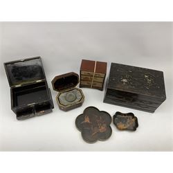 A 19th century Cantonese tea caddy. of rectangular form with canted corners, decorated with figural and foliate detail in gilt, the hinged cover opening to reveal a pewter cannister, together with a lacquered box with mother of pearl detail and two short drawers over one long drawer, a further similar smaller box, a lacquered tray of lobed form, etc. 