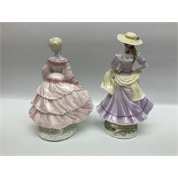 Five Royal Worcester figures, comprising Autumn, Sunday Best with certificate of authentication, Grandma's Bonnet, Walking-out Dresses of the 19th century 1855 the Crinoline and The Last Waltz, all with printed marks beneath