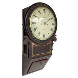 Frodsham of London - 8-day chain driven twin fusee wall clock in a mahogany case c1870, veneered case inlaid with brass stringing and motifs, shaped earpieces and chisel shaped base with pendulum adjustment door, 10” painted steel dial with Roman numerals, minute track and blued serpentine steel hands, dial inscribed Frodsham, Gracechurch Street, London, chain fusee, five-pillar, rack striking movement striking the hours on a cast bell. With pendulum.
H65 W34 D18
George Edward Frodsham, son of John Frodsham is recorded as working in Gracechurch Street, London 1869-79. Succeeded to Frodsham & Baker
