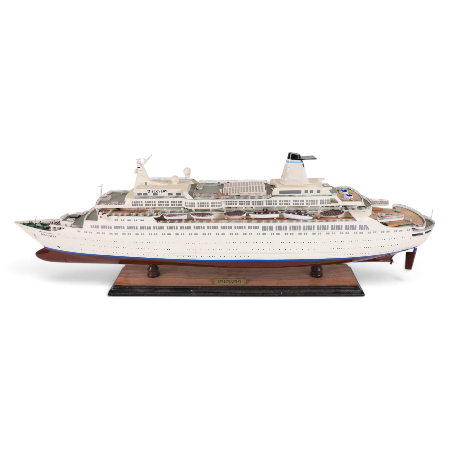 Maritime Replicas 1:771 scale model of Cunard Queen Elizabeth 2, in perspex display case, together with a larger scale model of cruise liner MV Discovery, largest H76cm, W27cm