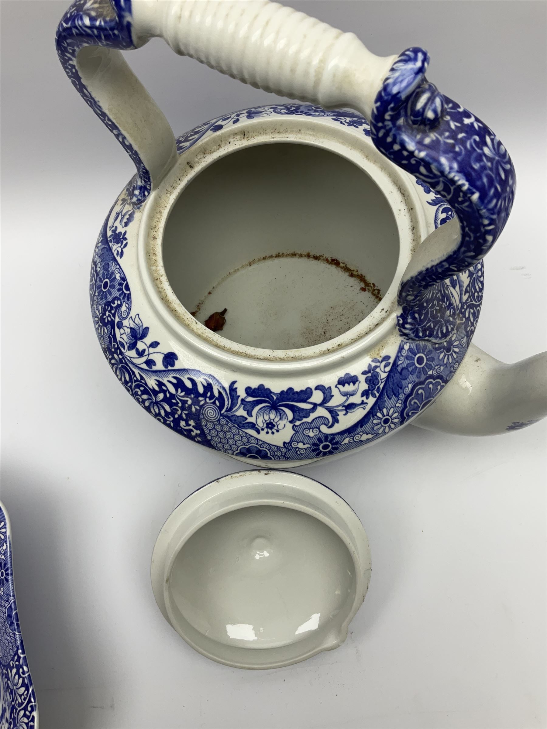 A large Spode blue and white Italian pattern novelty teapot, H33cm, with black printed mark beneath, together with a selection of other Spode blue and white Italian pattern wares. 