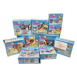 Wish World Kids - Eleven play sets comprising Treats ‘n Sweets Refrigerator, Grin ‘n Win TV, Sponge ‘n Plunge Bathtub, Socks ‘n Locks Dresser, Spice ‘n Slice Stove, Sleep ‘n Leap Bed, File ‘n Smile Desk, Blaze ‘n Braise Fireplace, Hear ‘n Cheer playset in Sponge ‘n Plunge box, two Read ‘n Speed Chair playsets in one box