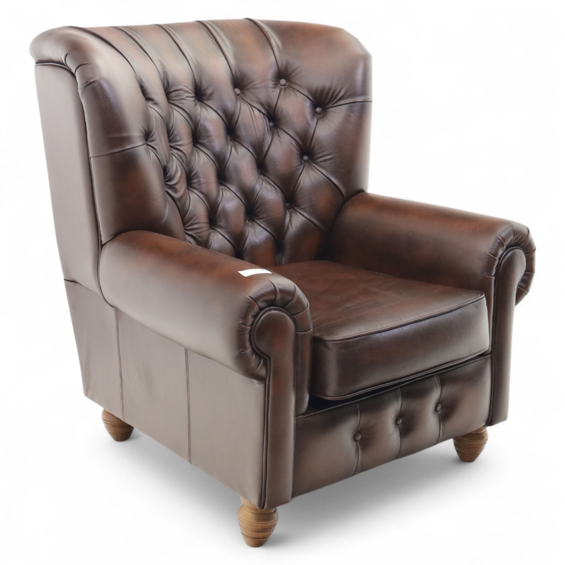 Thomas Lloyd  - armchair, brown leather,  button upholstered back, cushion seat, and wide scrolled arms, raised on bun feet