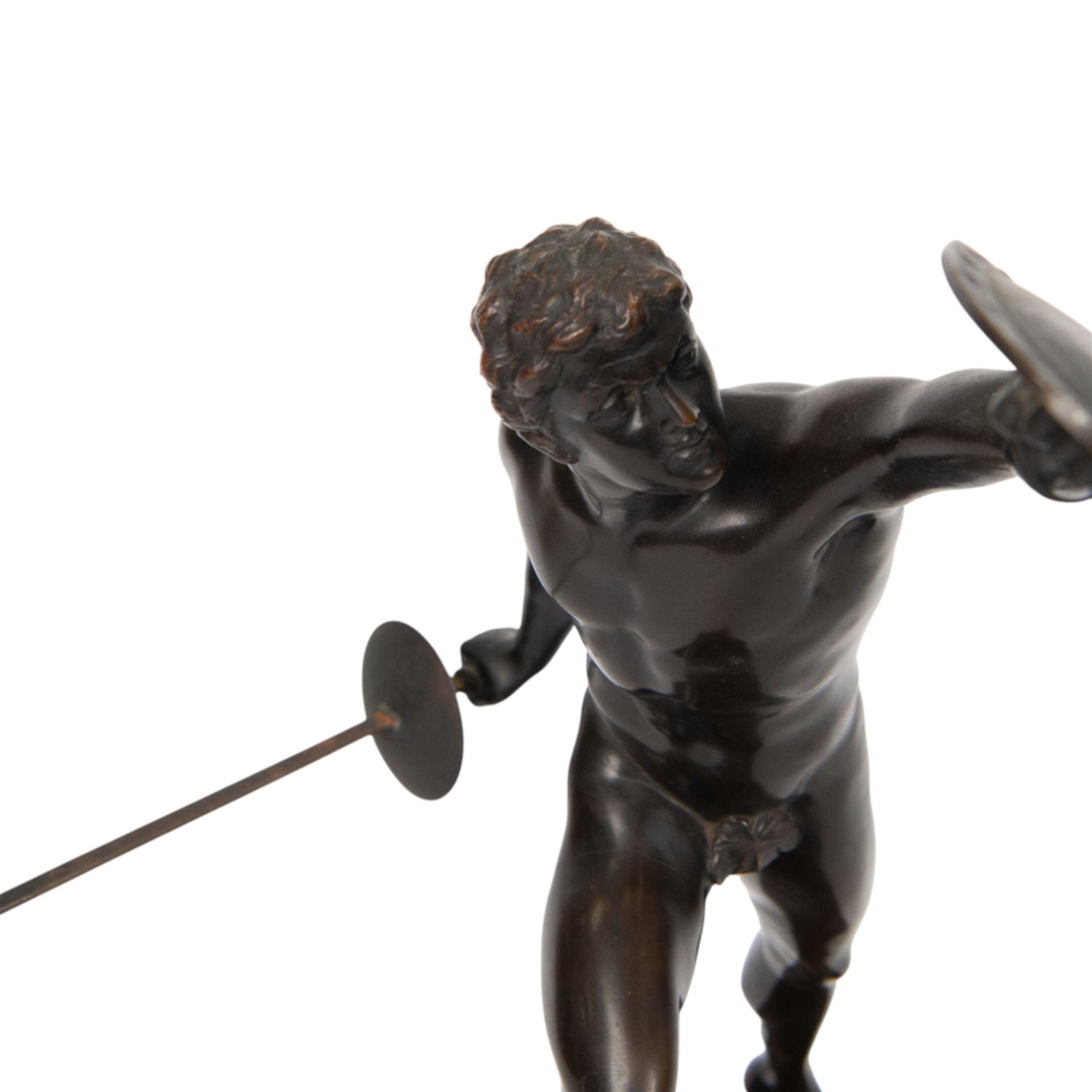 Third Reich; bronze sculpture, after Arno Breker modelled as a Gladiator upon a stepped rectangular marble base, belonging to Hans Christian Weber, gifted to him on the Day of German Art parade 1938 from Mayor Karl Fiehier, H45cm 