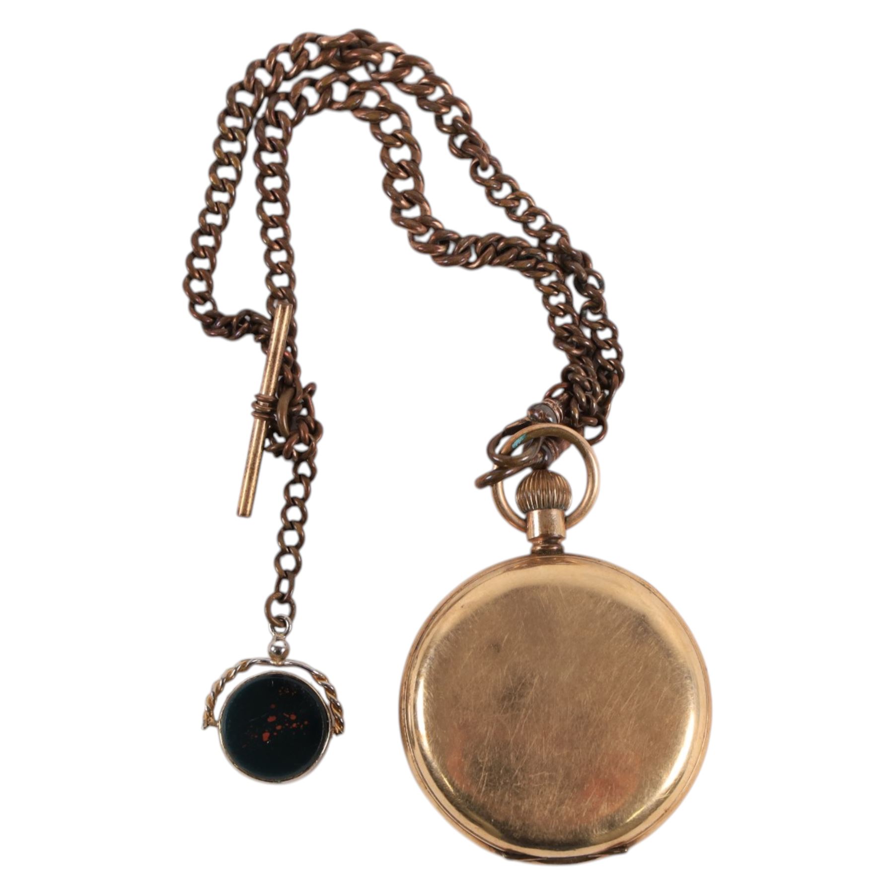 Gold plated Waltham open faced pocket watch, with base metal albert chain and plated bloodstone fob