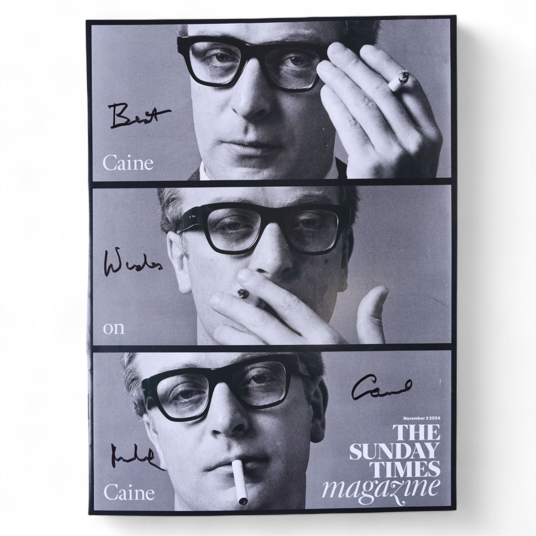 Michael Caine signed books and photographs, comprising 'The Elephant of Hollywood' autobiography and 'Blowing the Bloody Doors Off and Other Lessons in Life', black and white still from Funeral in Berlin and Sunday Times Magazine feature 'Caine on Caine'