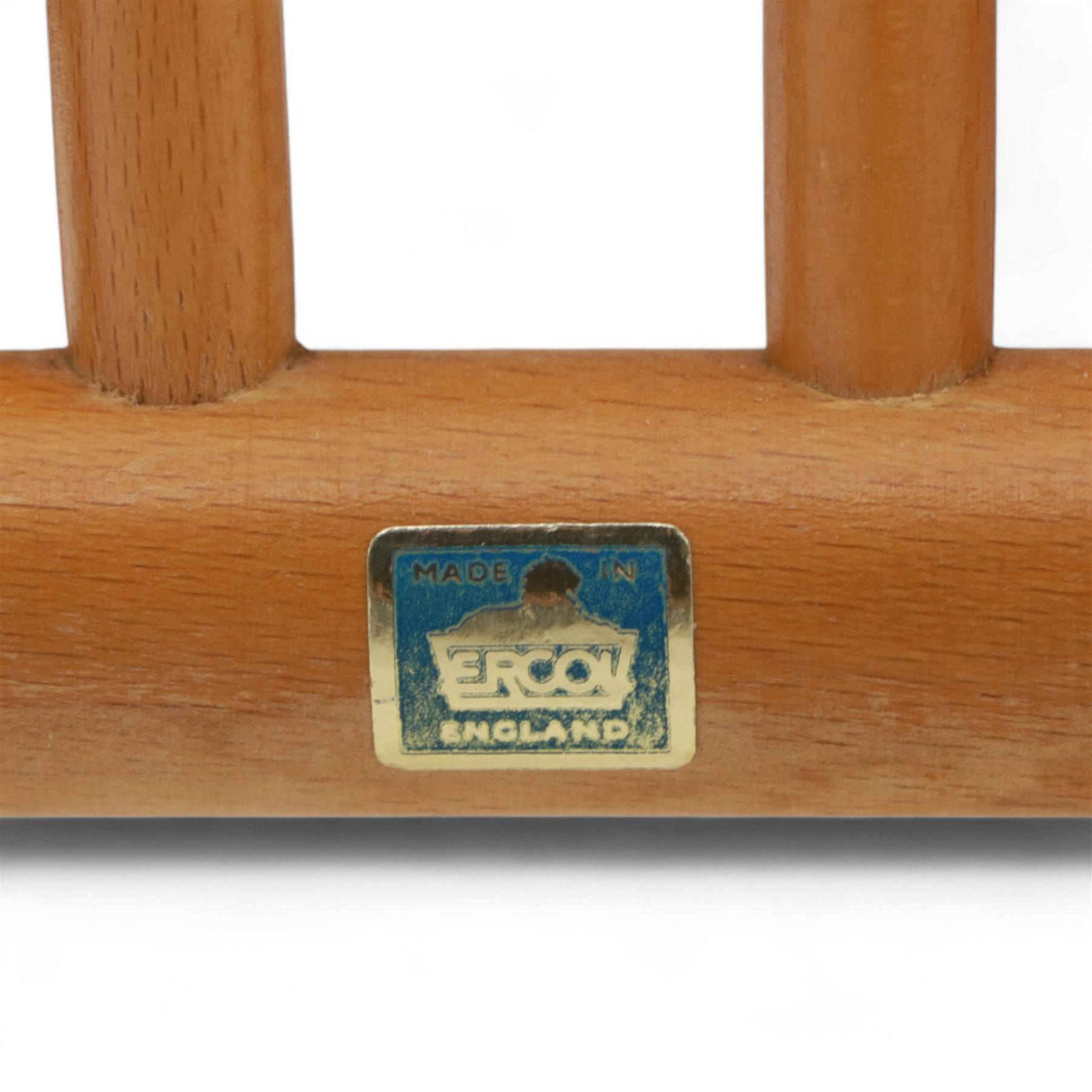 Ercol - Pair of high back Windsor kitchen chairs, elm seats with beech stick backs and legs, shaped saddle seats and turned stretchers