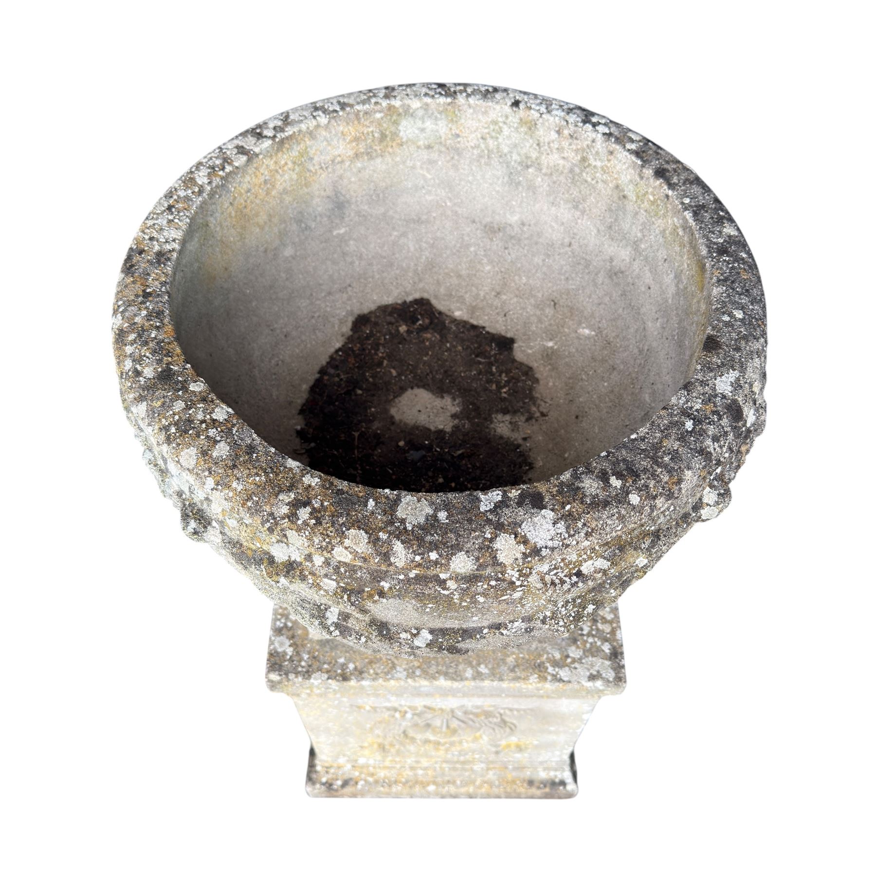 Pair of quality Neoclassical design Haddonstone cast stone garden urns, the globular  body decorated with relief foliate festoons and fruiting motifs, over a fluted socle, the rectangular pedestals with relief foliate wreaths and ribbon garlands