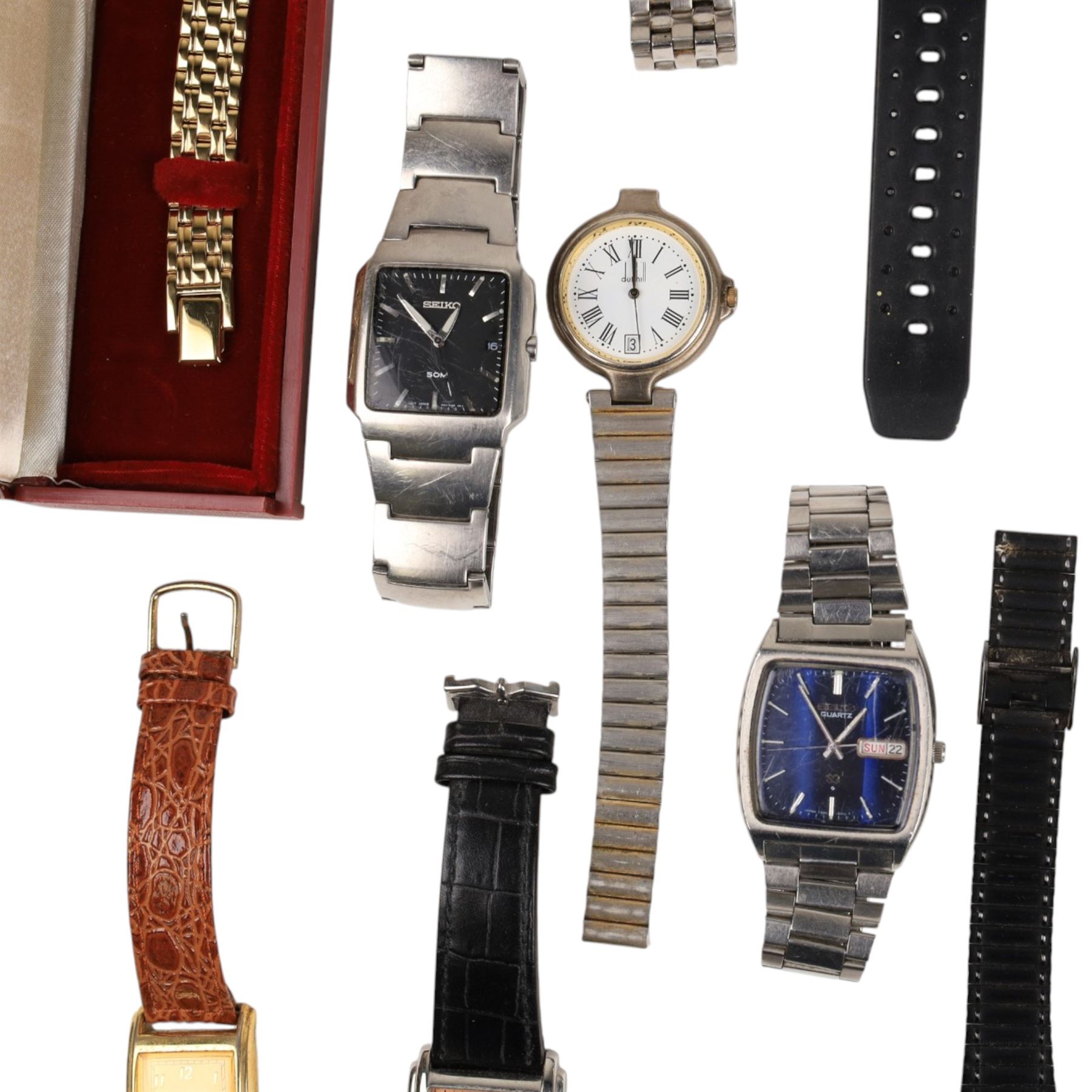 Collection of wristwatches, including Dunhill, Citizen, Seiko, Montre Suisse, Rotary and Sekonda