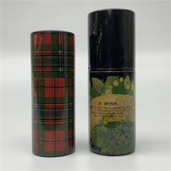 Mauchline ware black lacquered octagonal bobbin box, the hinged cover with forget-me-not floral decoration and sentimental verse, opening to reveal six bobbin holders and retail label for Clark & Co, together with a Mauchline ware sewing box, with floral decoration throughout and verse to hinged cover, a similar black lacquered needle holder and a Mauchline Tartan ware needle holder, largest diameter D11.5cm