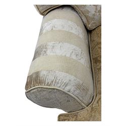 Contemporary two-seat sofa, upholstered in damask fabric with a pale gold floral pattern, rolled arms with covers, loose back and seat cushions, on matching skirted base with concealed castors