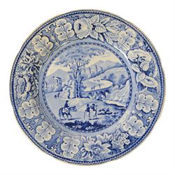 Collection of ten blue and white transfer plates, including two in Italian pattern with floral boarder, together with Willow pattern 