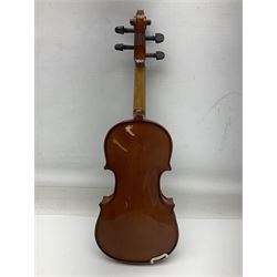 Three Stentor Student violins - three-quarter size with 33cm two-piece back; and two quarter size each with 28cm two-piece back; each in carrying case with bow (3)
