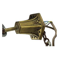 Collection of vintage and modern light fixtures, including copper pendant light, brass five-arm chandelier, hanging lantern and two small chandeliers with hanging faceted droplets (6)